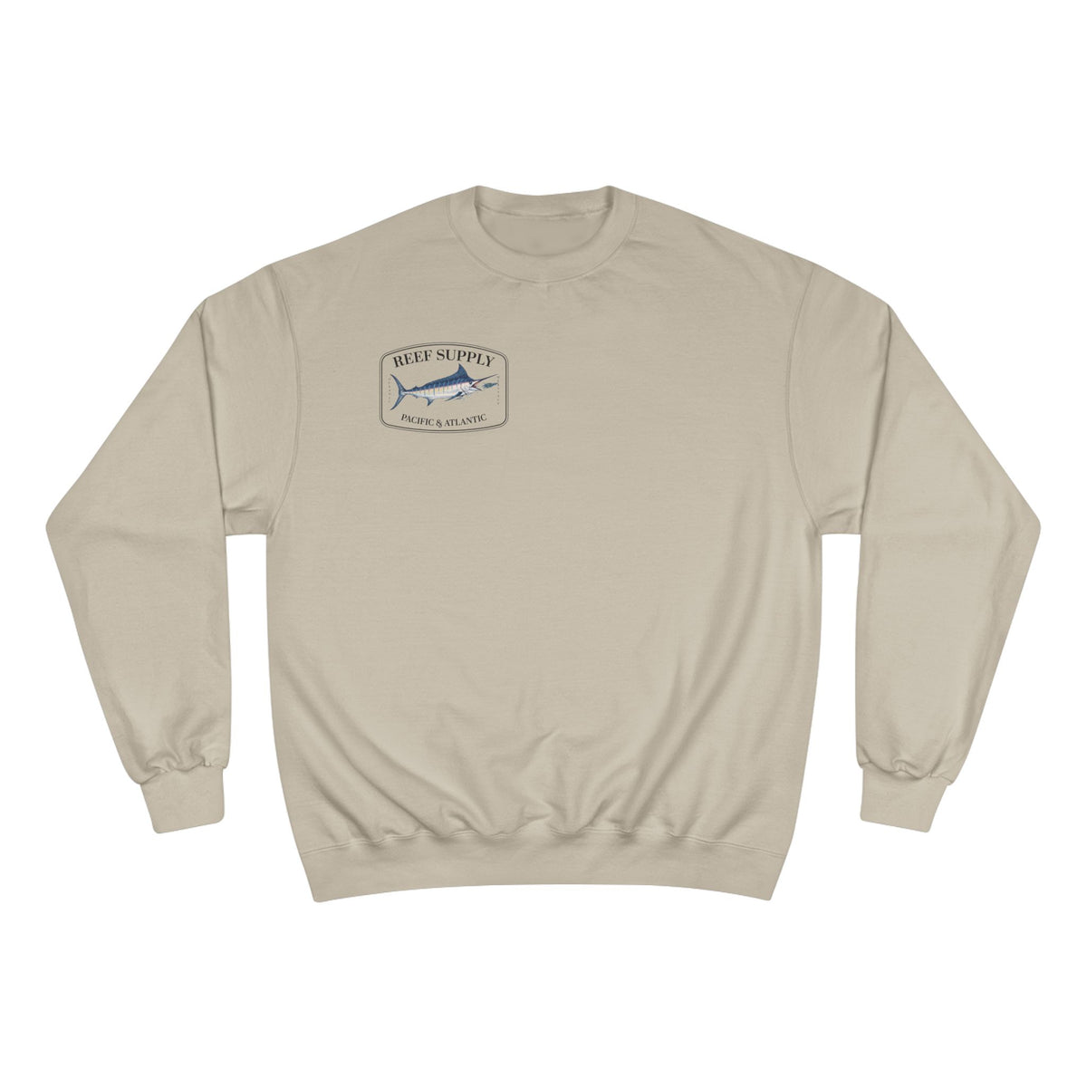 Beige Reef Supply crewneck sweatshirt featuring a marlin graphic logo on the chest.