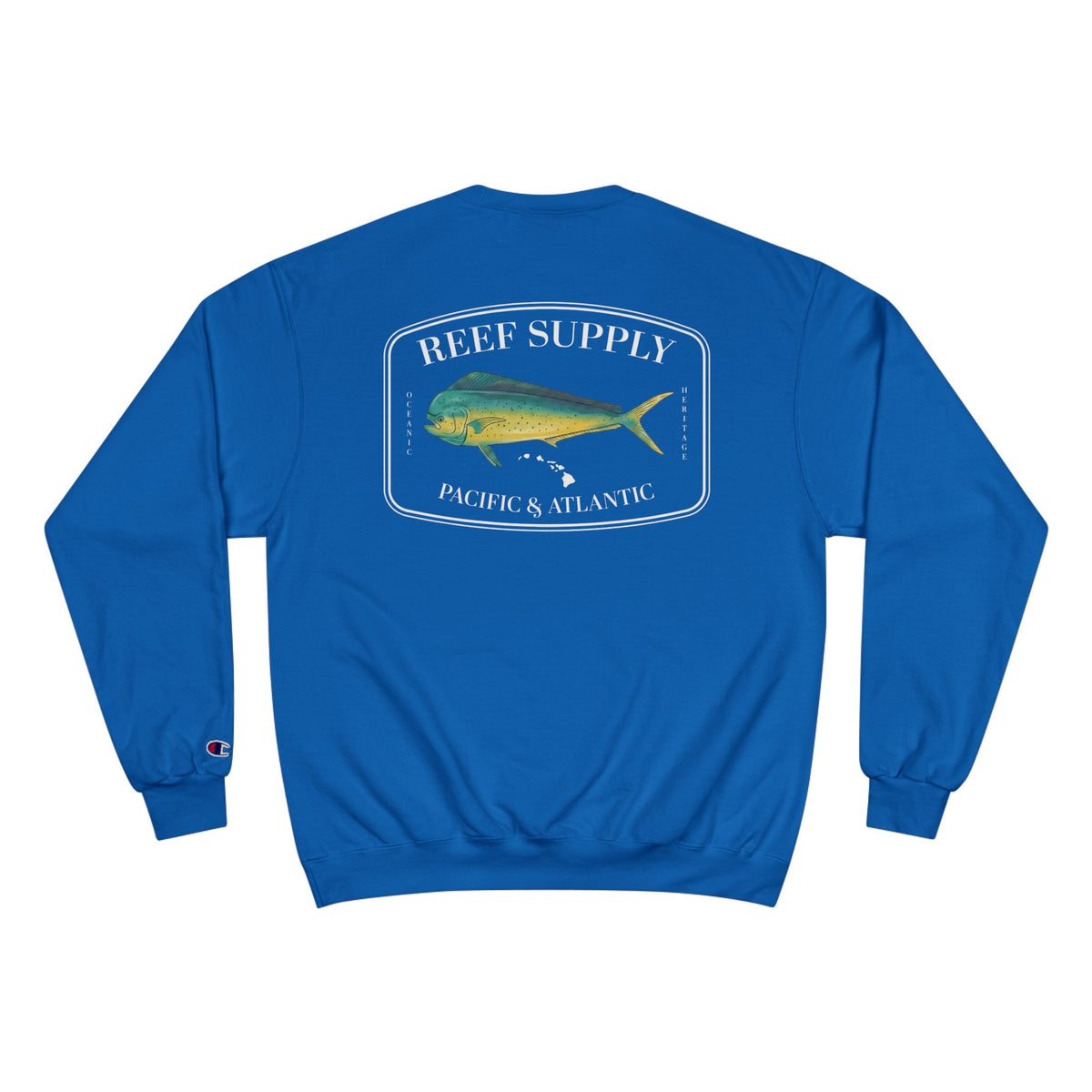 Back view of a blue crewneck sweatshirt featuring a Reef Supply graphic with a mahi-mahi fish.