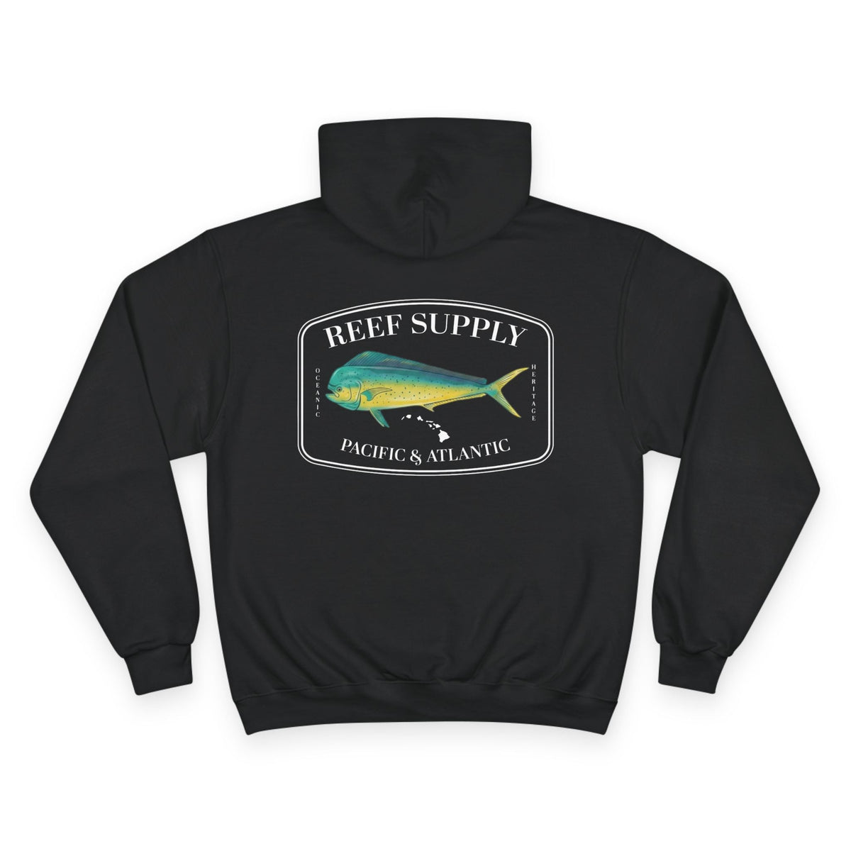 Back view of a black hoodie featuring a Reef Supply logo with a colorful mahi-mahi fish.