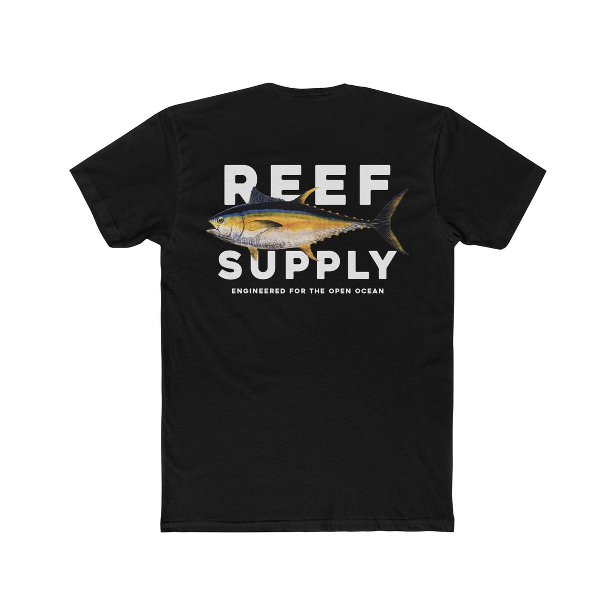 Back of a black t-shirt featuring a tuna fish illustration and 'REEF SUPPLY' text.