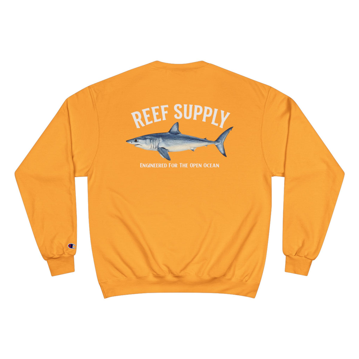 Back view of a Reef Supply orange crewneck sweatshirt featuring a mako shark graphic.