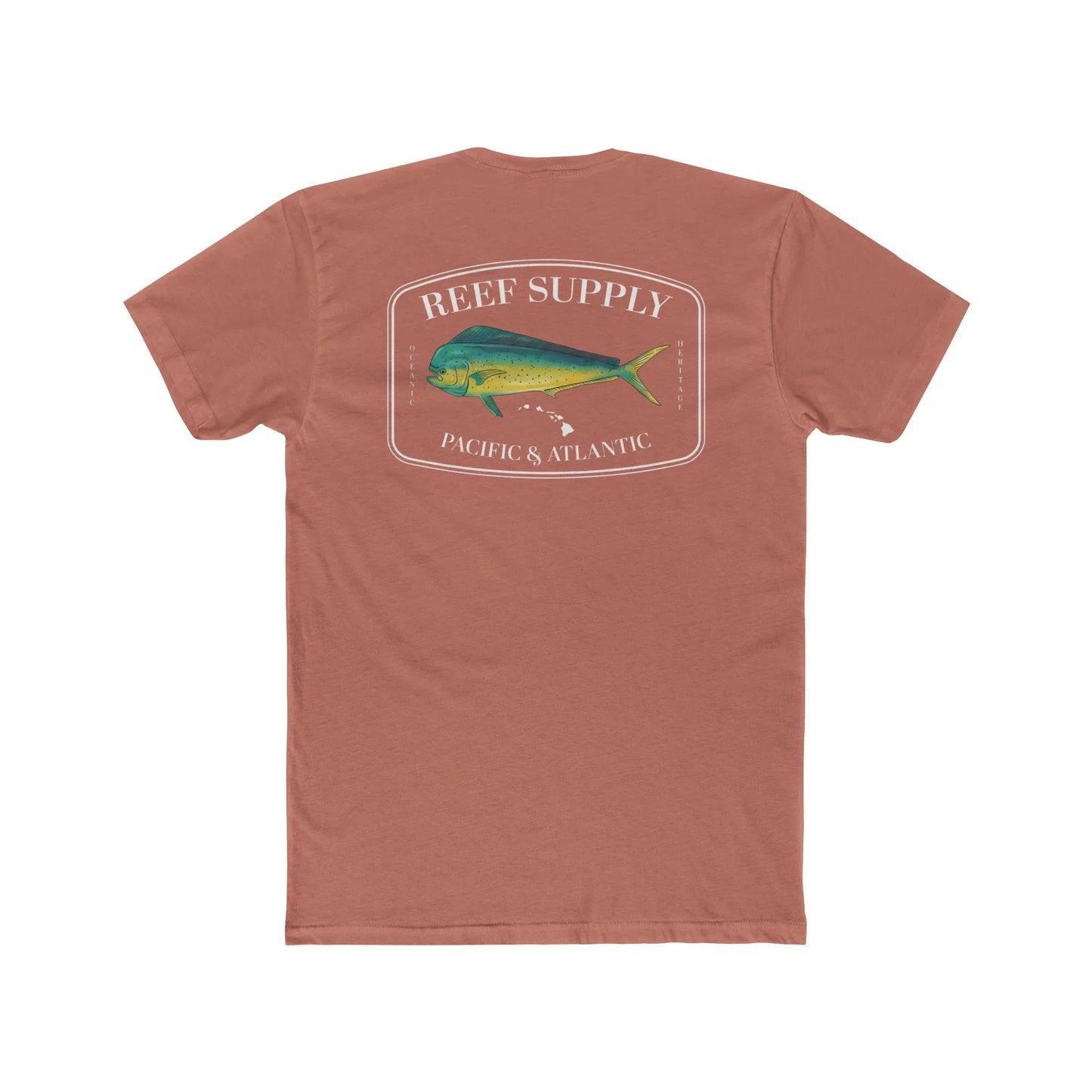Reef Supply Co light pink mahi mahi fishing t shirt featuring colorful dolphin fish artwork inspired by offshore saltwater fishing
