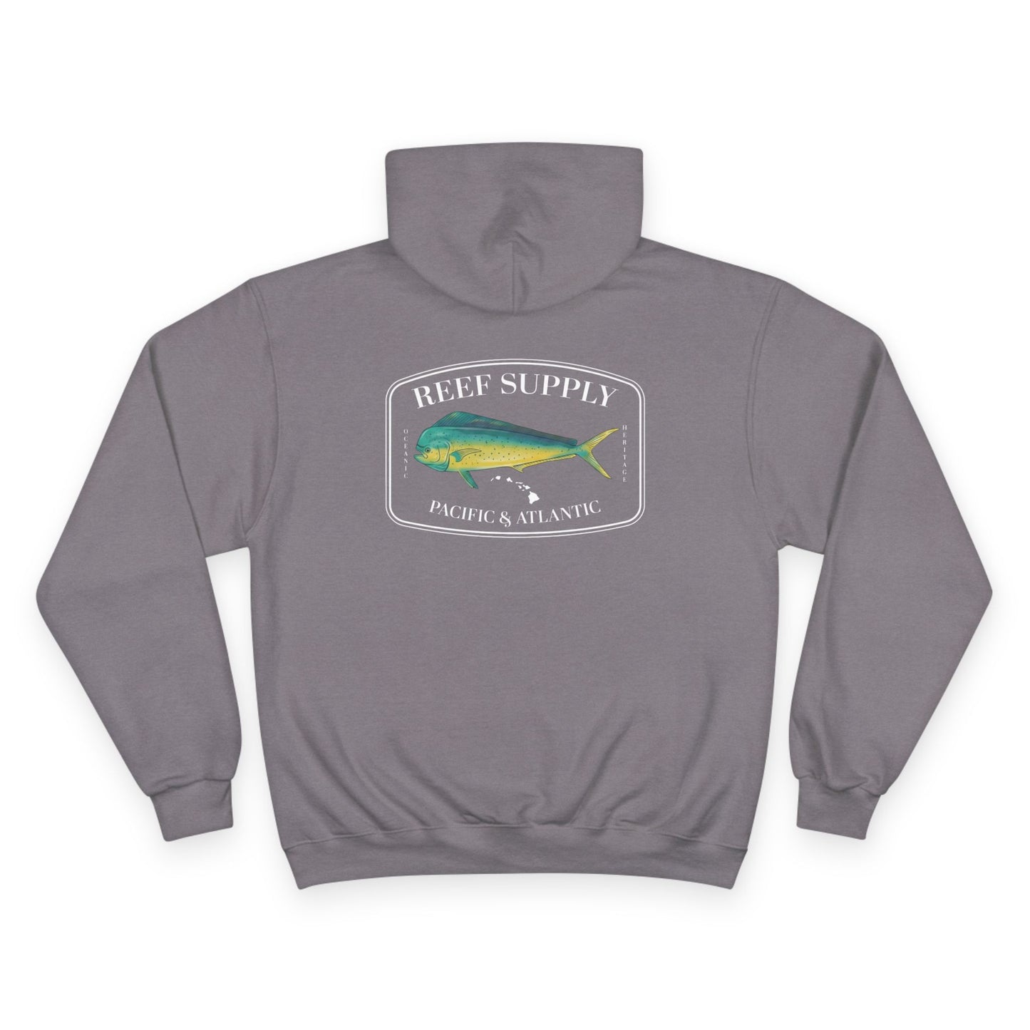 The back of a premium Champion gray pullover hoodie, crafted for those who respect the sea. It features a bold, high-definition print of a vibrant Mahi Mahi—a tribute to the thrill of the offshore hunt. Paired with 'Reef Supply' coastal branding and the iconic 'Pacific & Atlantic' call-out, this Champion-quality garment delivers the durability needed for the marina and the style of a dedicated angler
