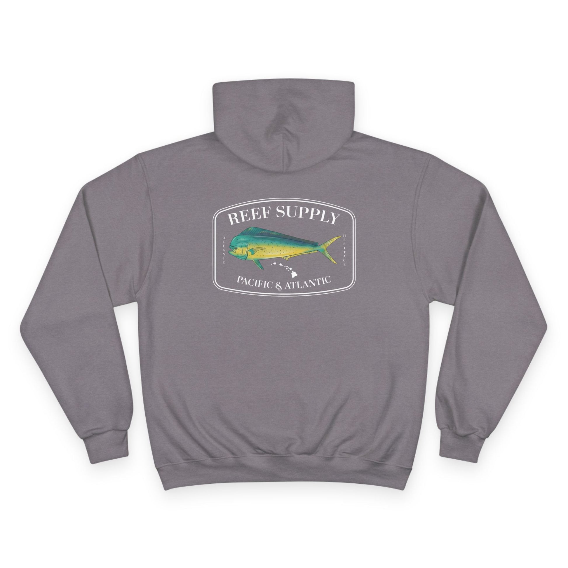 The back of a premium Champion gray pullover hoodie, crafted for those who respect the sea. It features a bold, high-definition print of a vibrant Mahi Mahi—a tribute to the thrill of the offshore hunt. Paired with 'Reef Supply' coastal branding and the iconic 'Pacific & Atlantic' call-out, this Champion-quality garment delivers the durability needed for the marina and the style of a dedicated angler