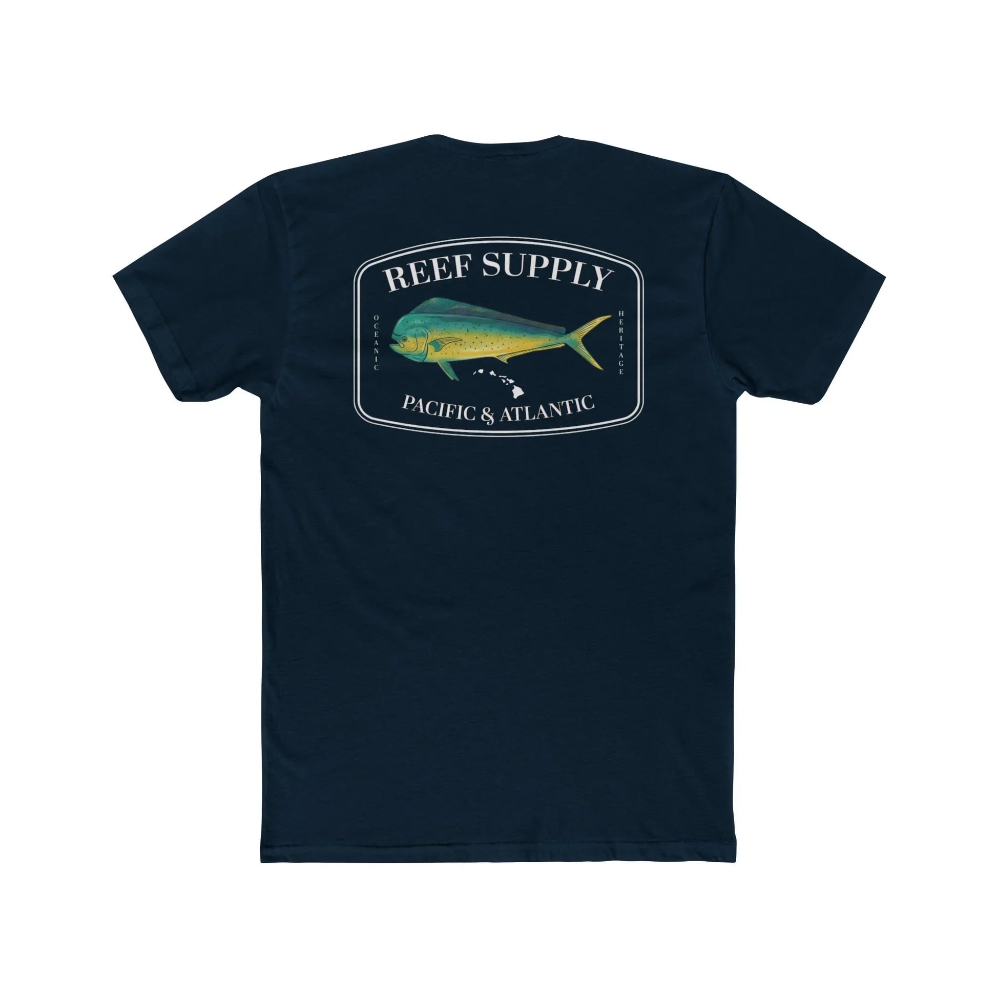 Reef Supply Co navy mahi mahi fishing t shirt featuring colorful dolphin fish artwork inspired by offshore saltwater fishing
