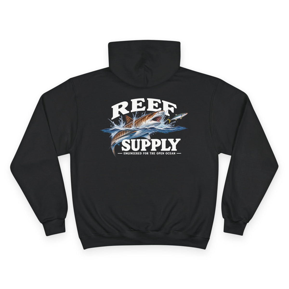 Back view of a black Reef Supply Tiger Shark Champion Hoodie with a shark graphic and text.