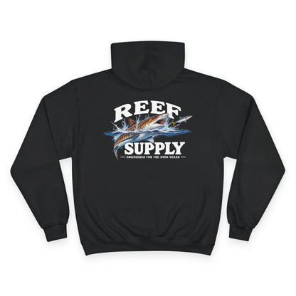 Back view of a black Reef Supply Tiger Shark Champion Hoodie with a shark graphic and text.