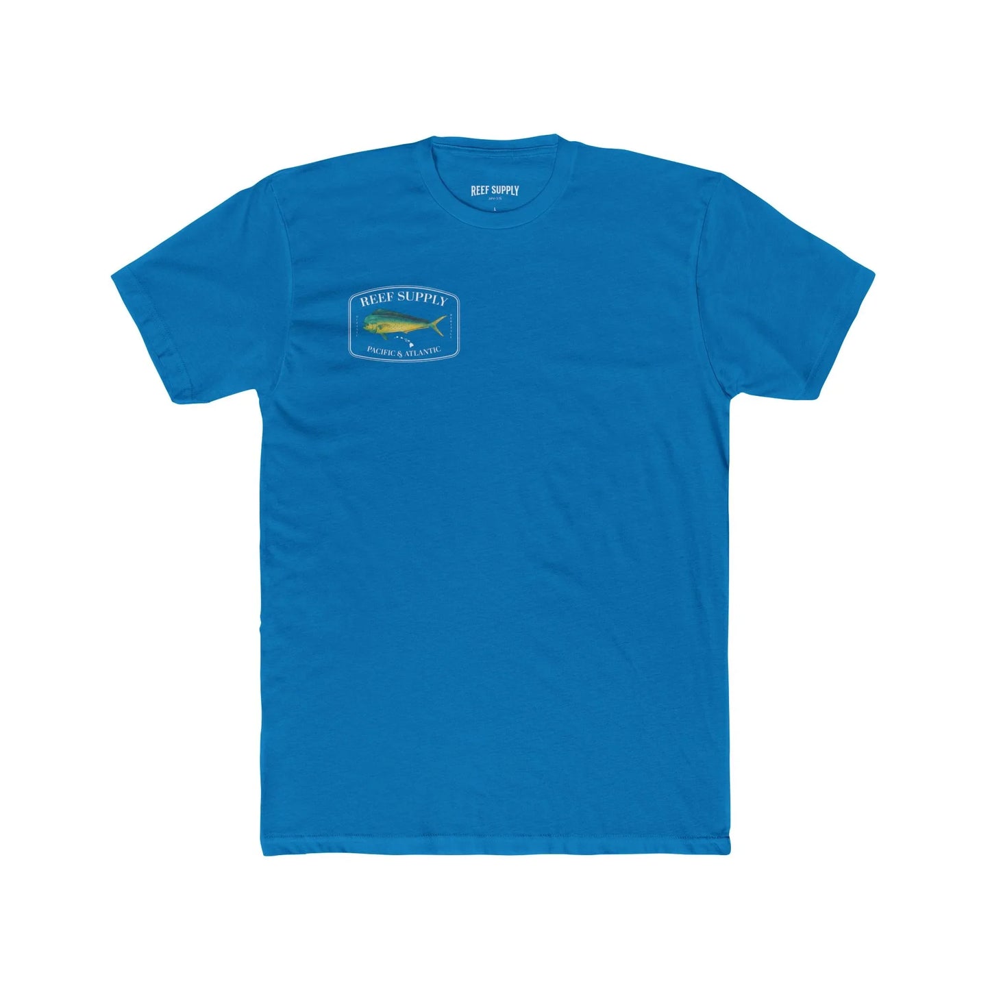 Reef Supply Co blue front mahi mahi fishing t shirt featuring colorful dolphin fish artwork inspired by offshore saltwater fishing
