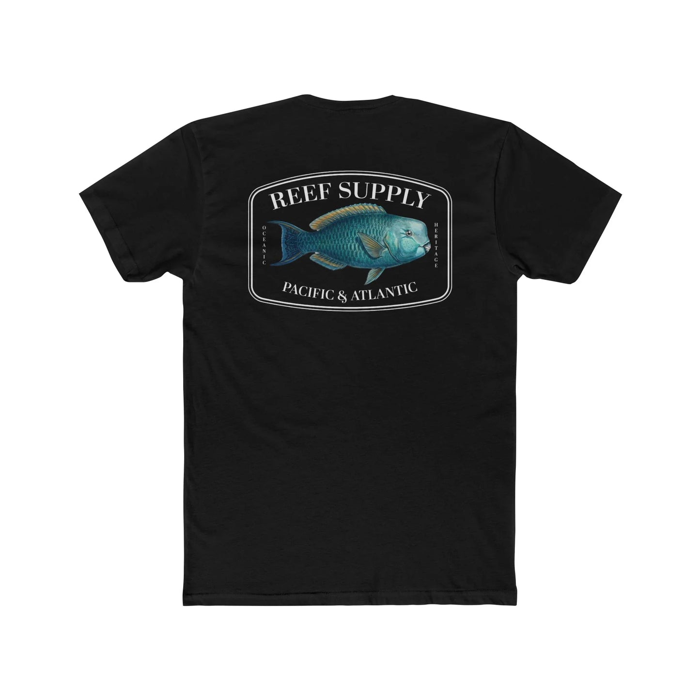 Black Reef Supply t-shirt with Parrotfish graphic on back, ocean-inspired apparel.