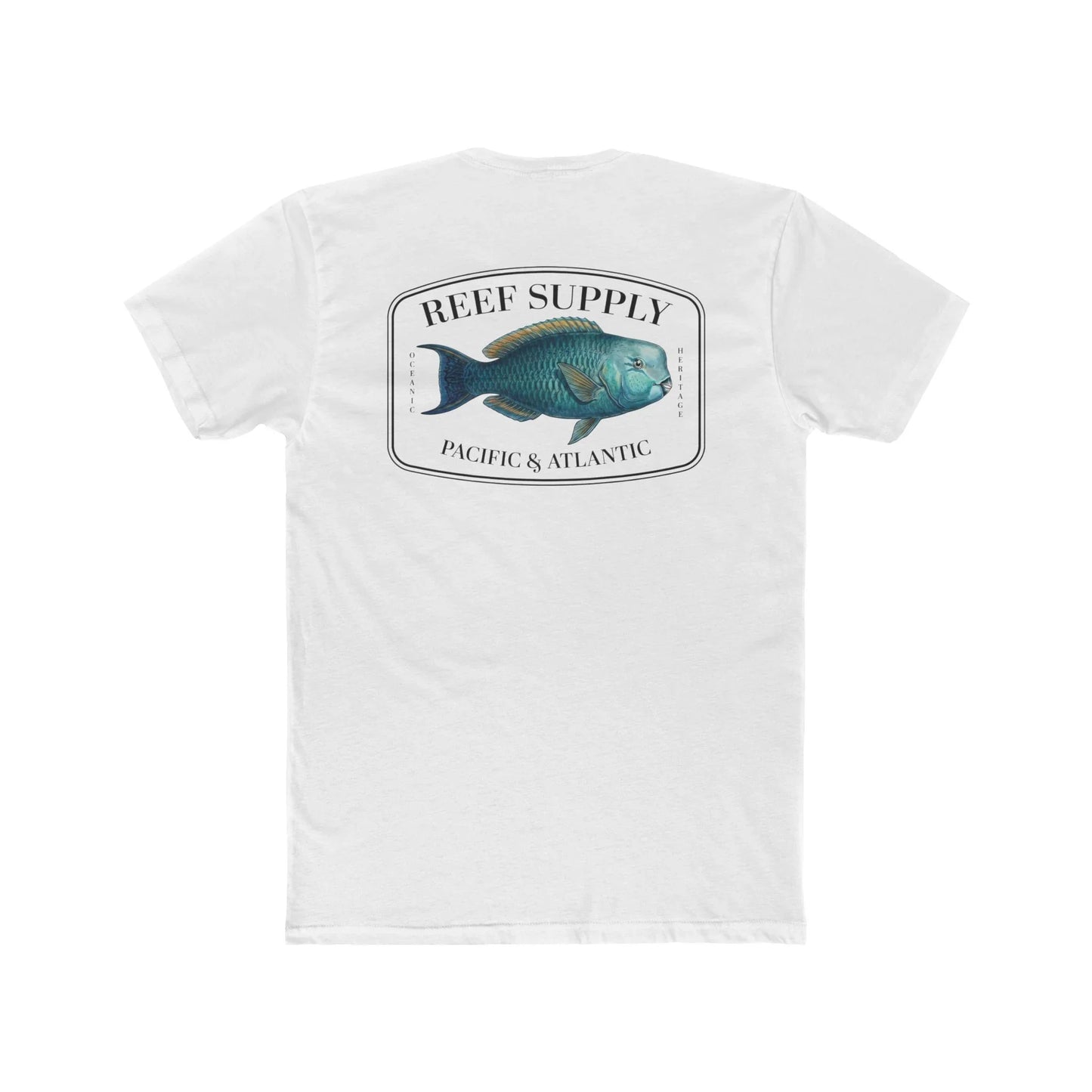 A close-up view of the back of a white premium cotton t-shirt. The centerpiece is a detailed, vibrant illustration of a blue Parrotfish, reflecting its natural colors. The Reef Supply brand logo is arched over the top of the fish, with 'Pacific & Atlantic' text printed in a clean font beneath it, highlighting our coastal inspiration