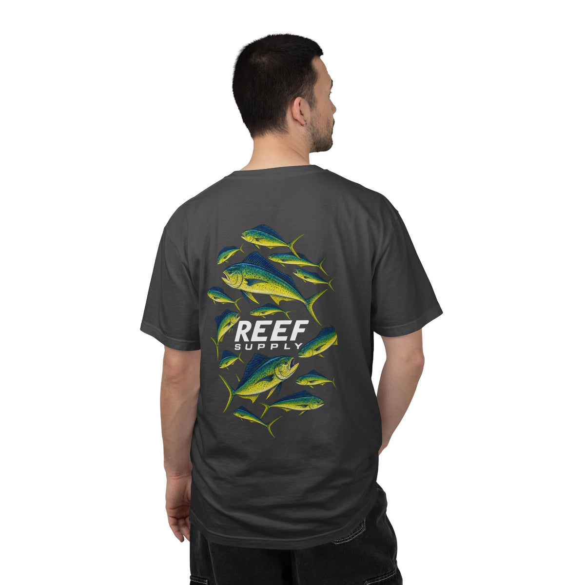 Back view of a grey Reef Supply t-shirt featuring a colorful Mahi Mahi fish graphic.