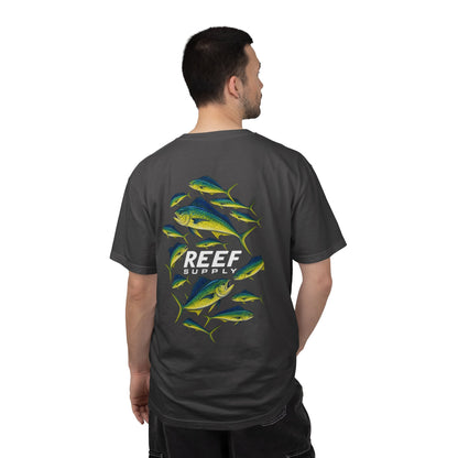 Back view of a grey Reef Supply t-shirt featuring a colorful Mahi Mahi fish graphic.