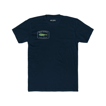 Reef Supply Co navy blue front mahi mahi fishing t shirt featuring colorful dolphin fish artwork inspired by offshore saltwater fishing
