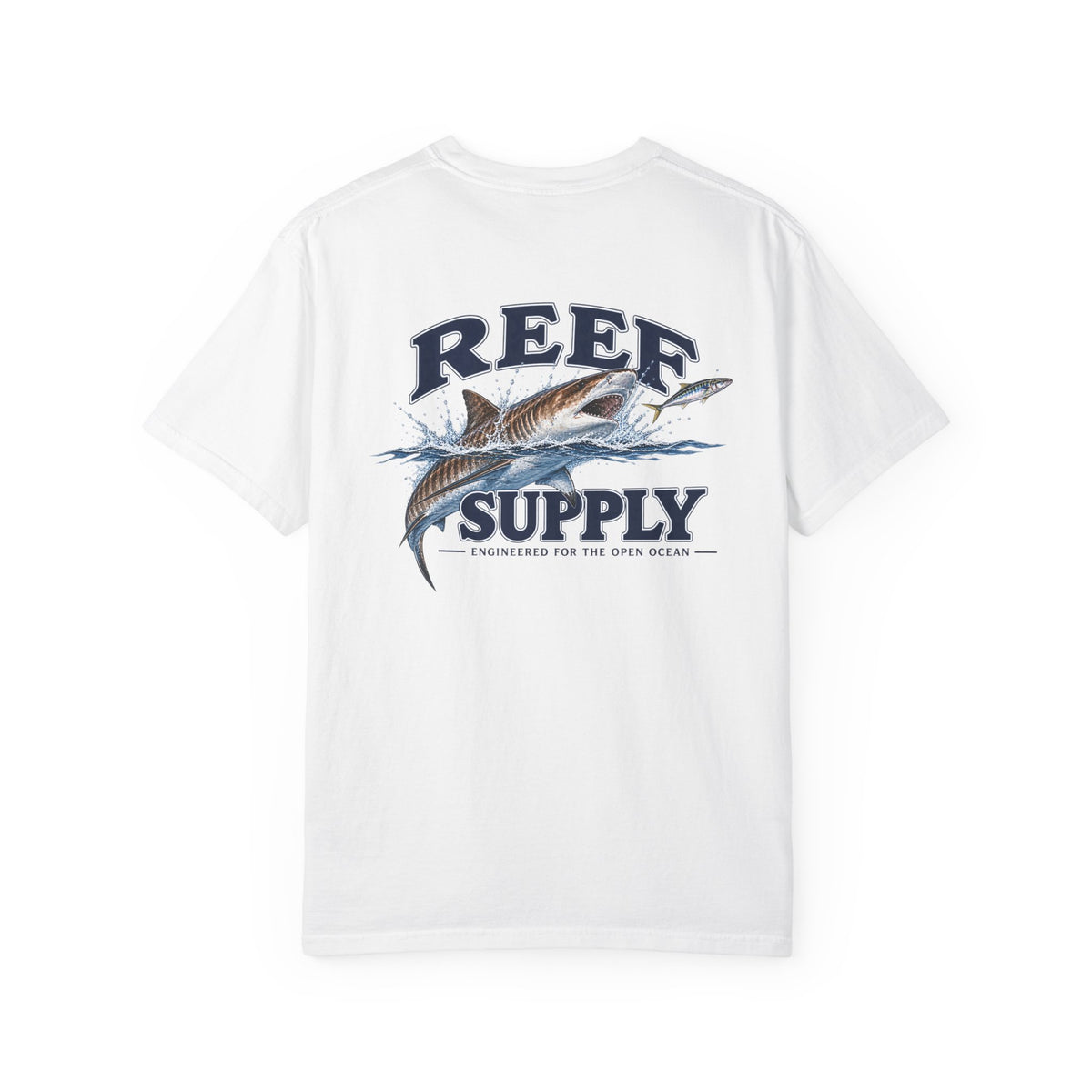 White Reef Supply Tiger Tee featuring a graphic of a shark jumping from the ocean.