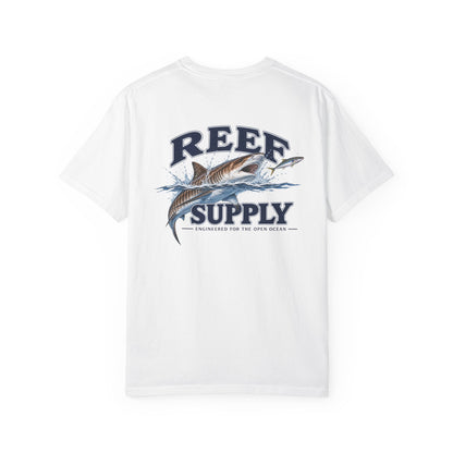 White Reef Supply Tiger Tee featuring a graphic of a shark jumping from the ocean.