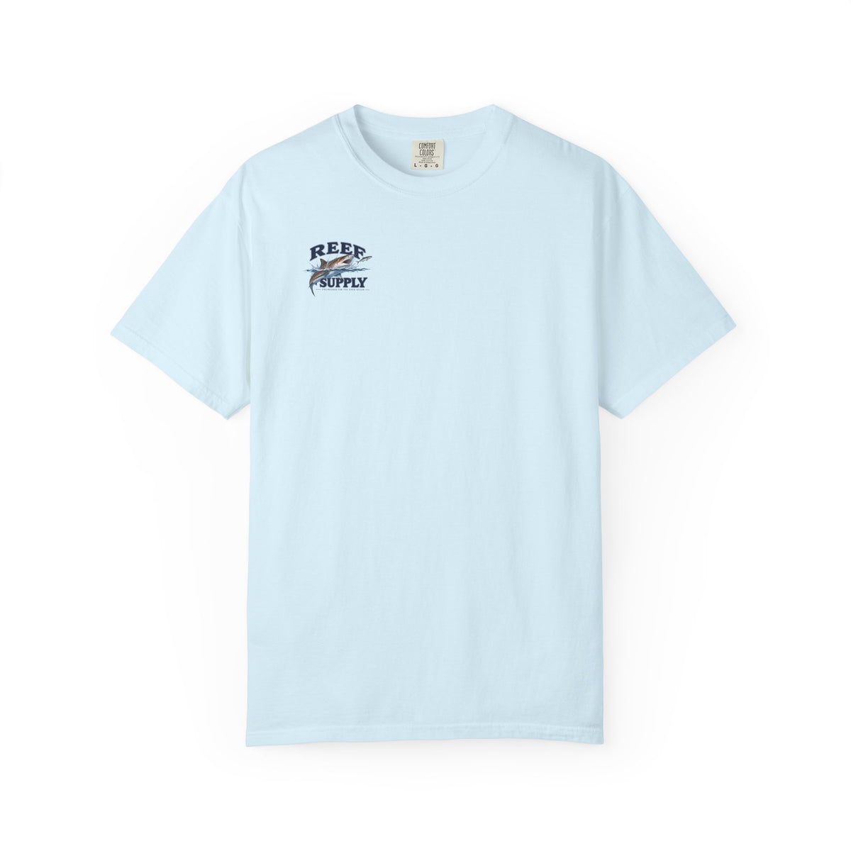 Light blue Tiger Tee t-shirt with Reef Supply graphic print on the chest.