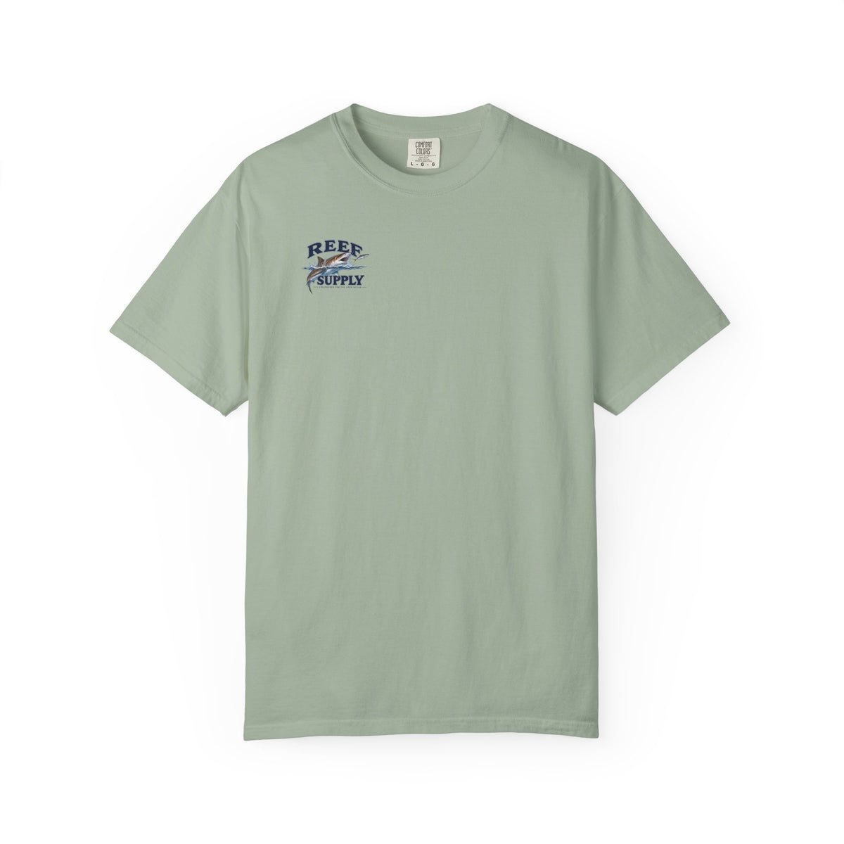 Sage green Tiger Tee t-shirt featuring a Reef Supply graphic logo on the chest.