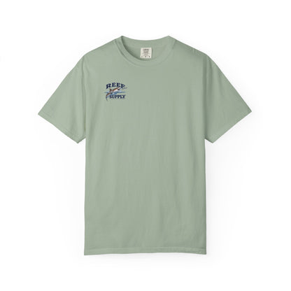 Sage green Tiger Tee t-shirt featuring a Reef Supply graphic logo on the chest.