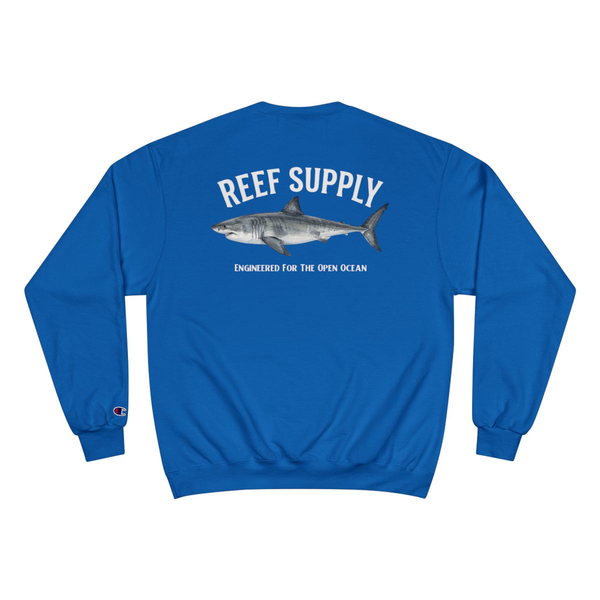 Back view of a blue Reef Supply crewneck featuring a great white shark and text.