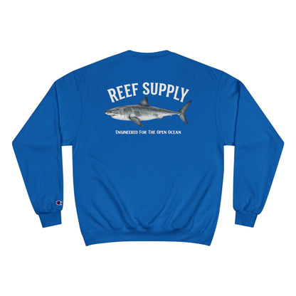 Back view of a blue Reef Supply crewneck featuring a great white shark and text.