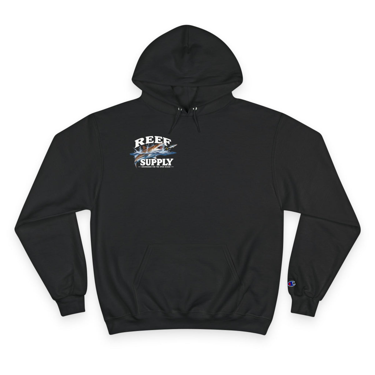Black Reef Supply Tiger Shark Champion Hoodie with graphic logo on chest
