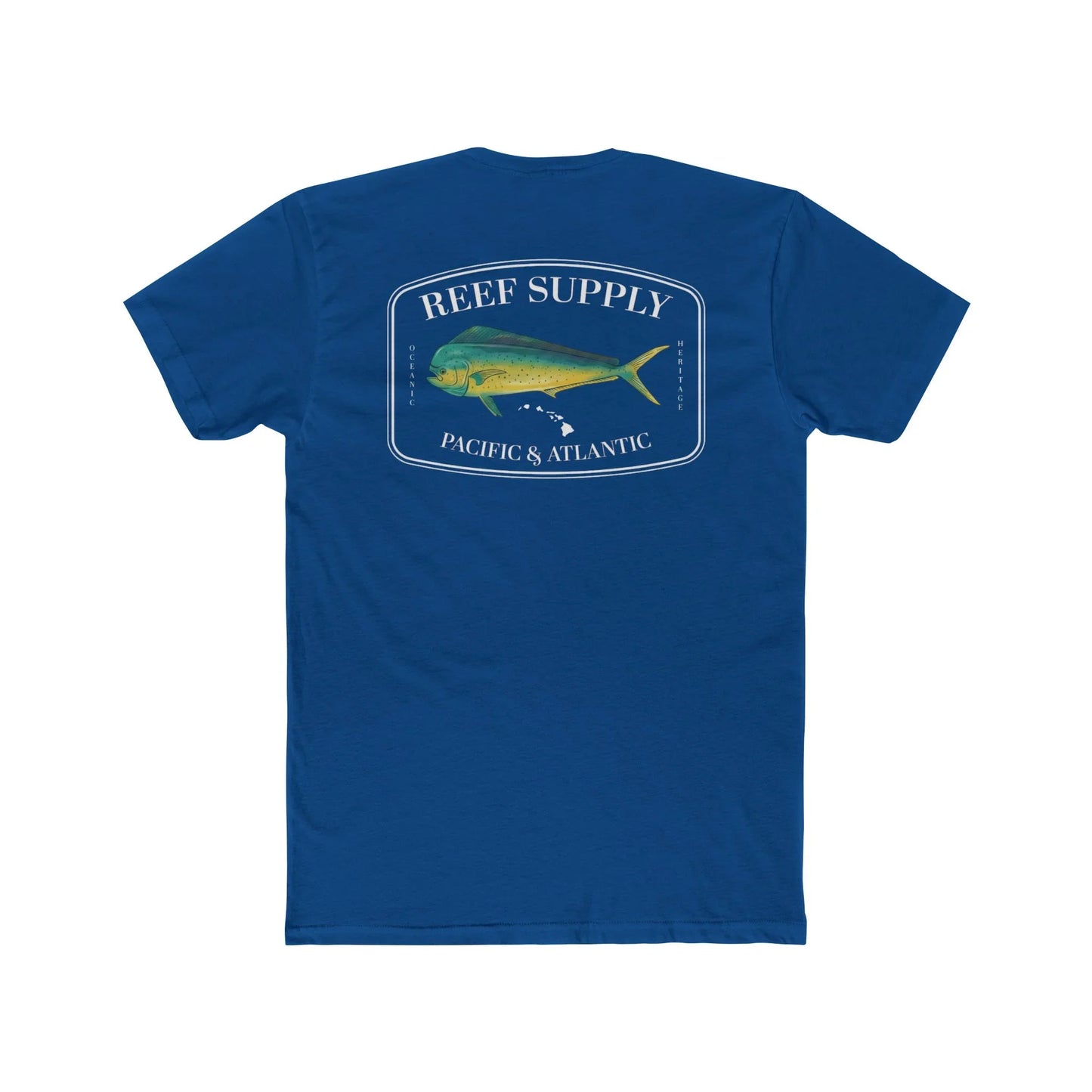 Reef Supply Co royal blue mahi mahi fishing t shirt featuring colorful dolphin fish artwork inspired by offshore saltwater fishing
