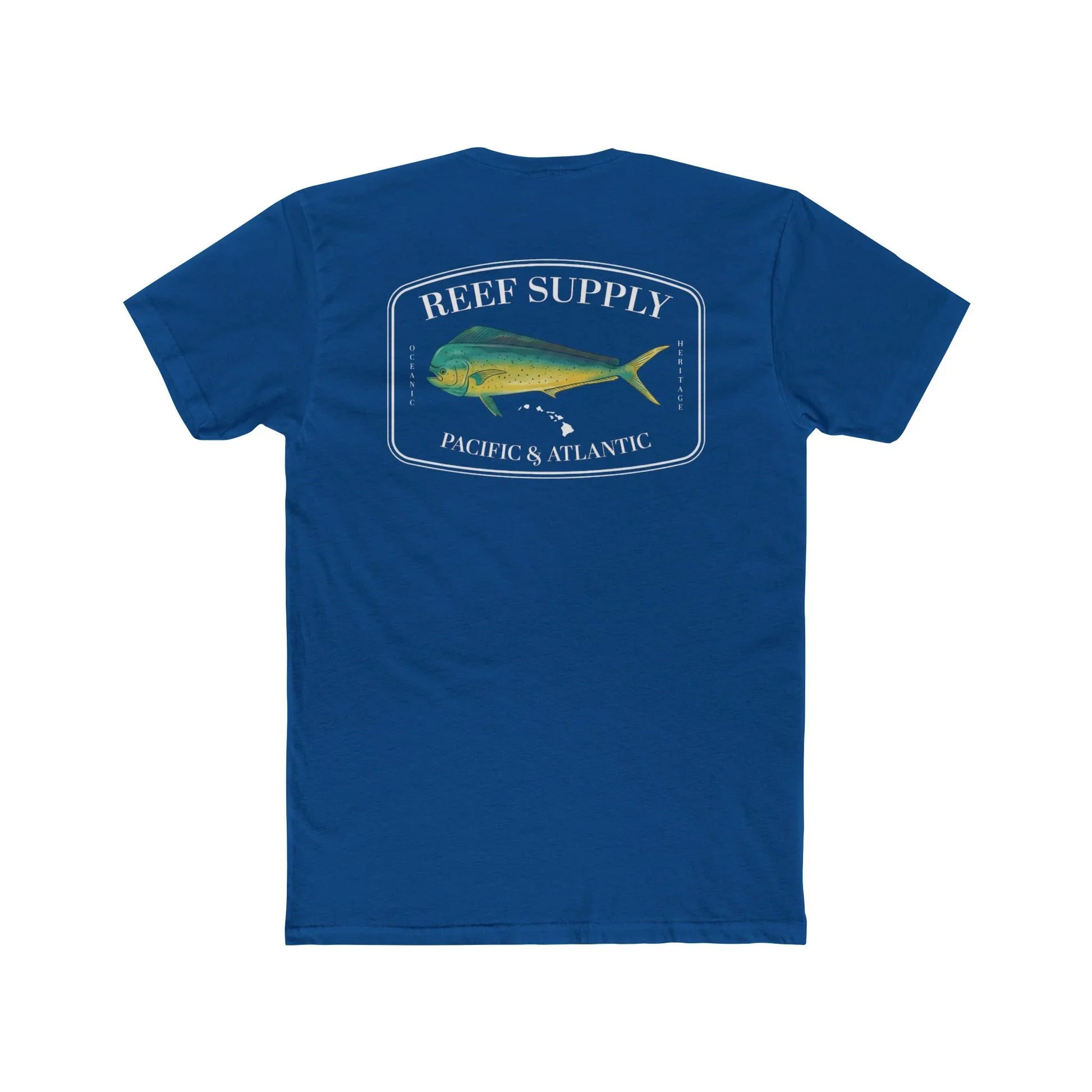 Reef Supply Co royal blue mahi mahi fishing t shirt featuring colorful dolphin fish artwork inspired by offshore saltwater fishing

