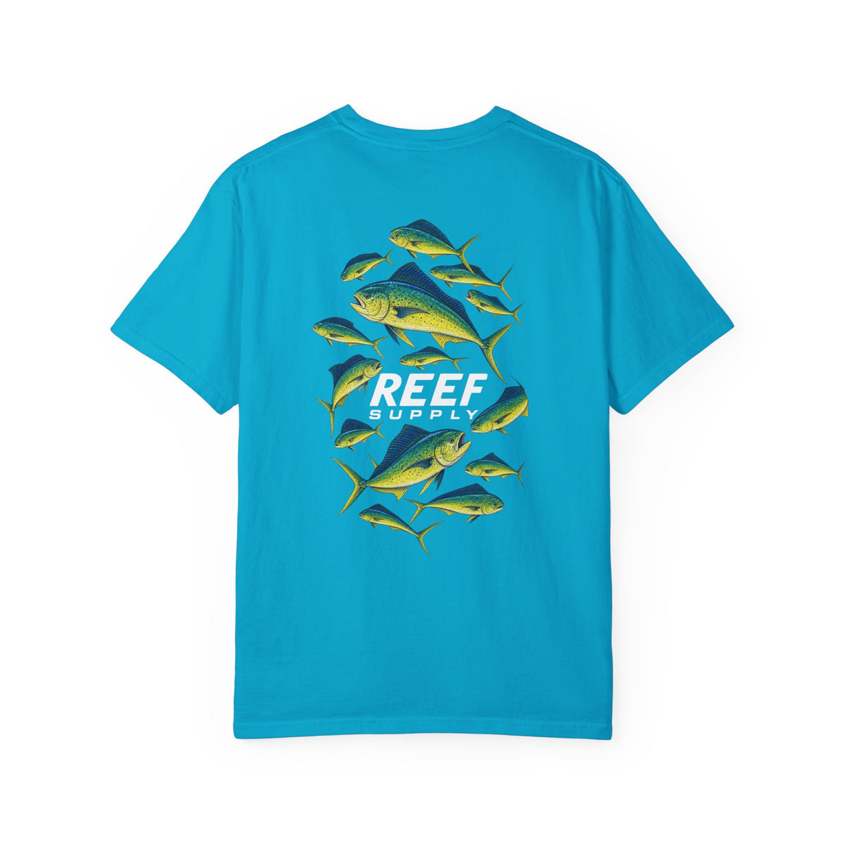 Back view of Reef Supply Mahi Frenzy Tee in blue with colorful mahi mahi fish graphic.