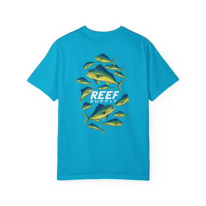Back view of Reef Supply Mahi Frenzy Tee in blue with colorful mahi mahi fish graphic.