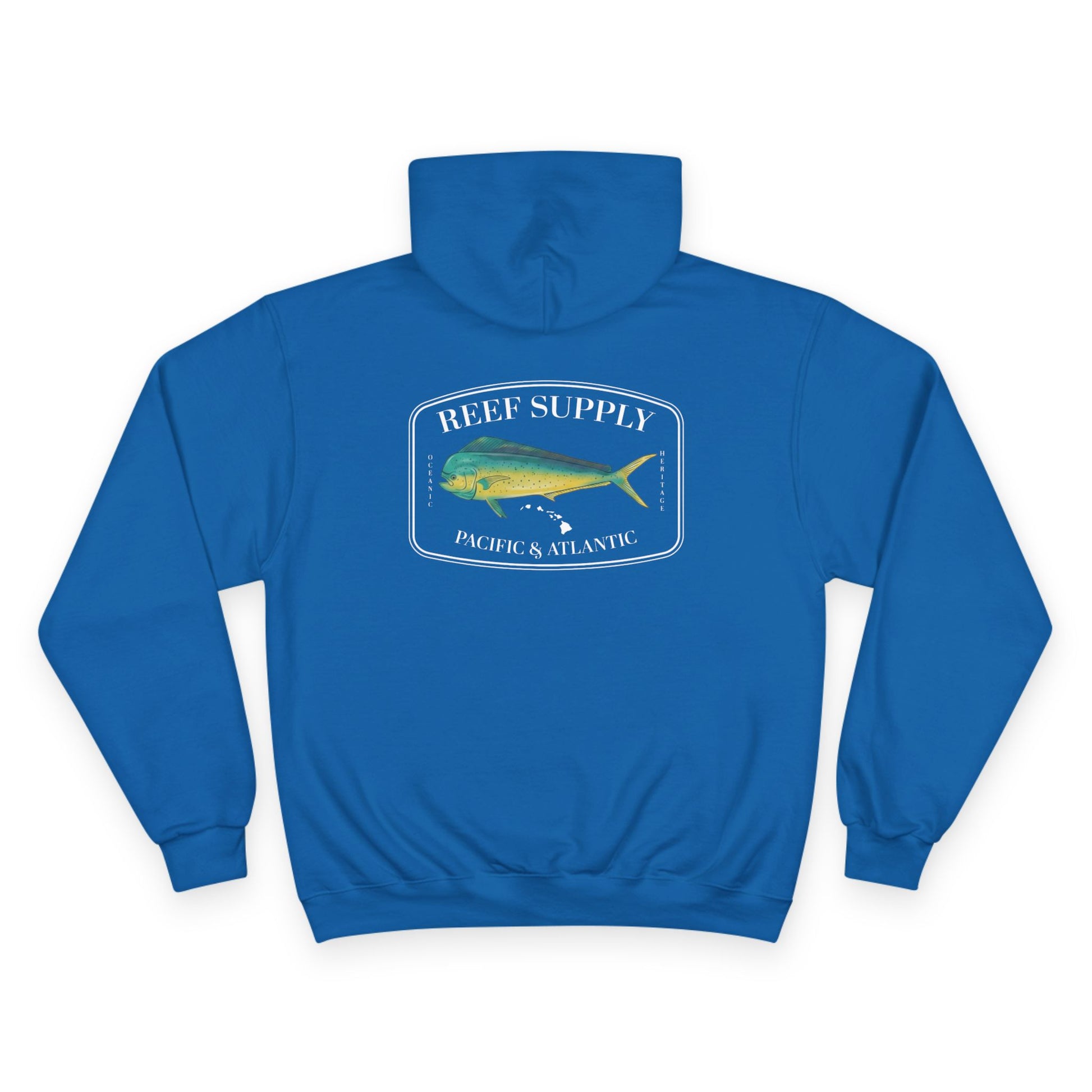 The back of a premium Champion blue pullover hoodie, crafted for those who respect the sea. It features a bold, high-definition print of a vibrant Mahi Mahi—a tribute to the thrill of the offshore hunt. Paired with 'Reef Supply' coastal branding and the iconic 'Pacific & Atlantic' call-out, this Champion-quality garment delivers the durability needed for the marina and the style of a dedicated angler