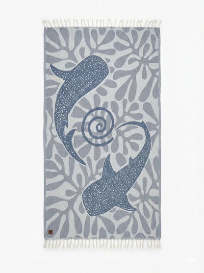 Towel with whale shark and coral pattern on a white background