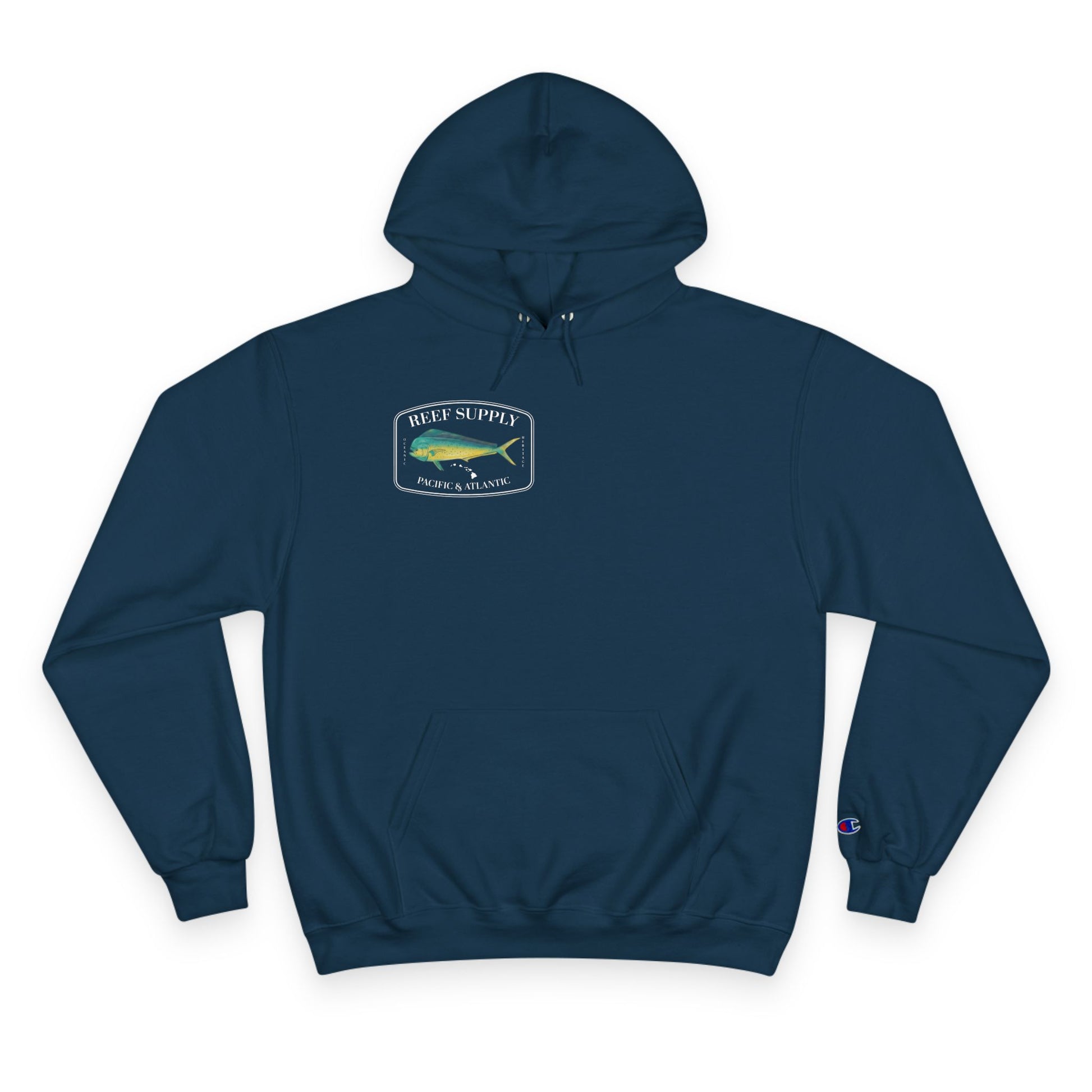 The front of a premium Champion navy blue pullover hoodie, crafted for those who respect the sea. It features a bold, high-definition print of a vibrant Mahi Mahi—a tribute to the thrill of the offshore hunt. Paired with 'Reef Supply' coastal branding and the iconic 'Pacific & Atlantic' call-out, this Champion-quality garment delivers the durability needed for the marina and the style of a dedicated angler