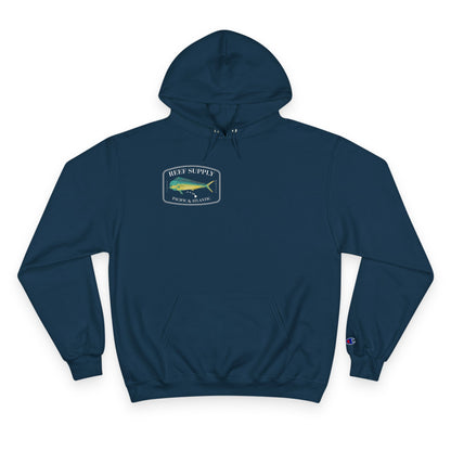 The front of a premium Champion navy blue pullover hoodie, crafted for those who respect the sea. It features a bold, high-definition print of a vibrant Mahi Mahi—a tribute to the thrill of the offshore hunt. Paired with 'Reef Supply' coastal branding and the iconic 'Pacific & Atlantic' call-out, this Champion-quality garment delivers the durability needed for the marina and the style of a dedicated angler