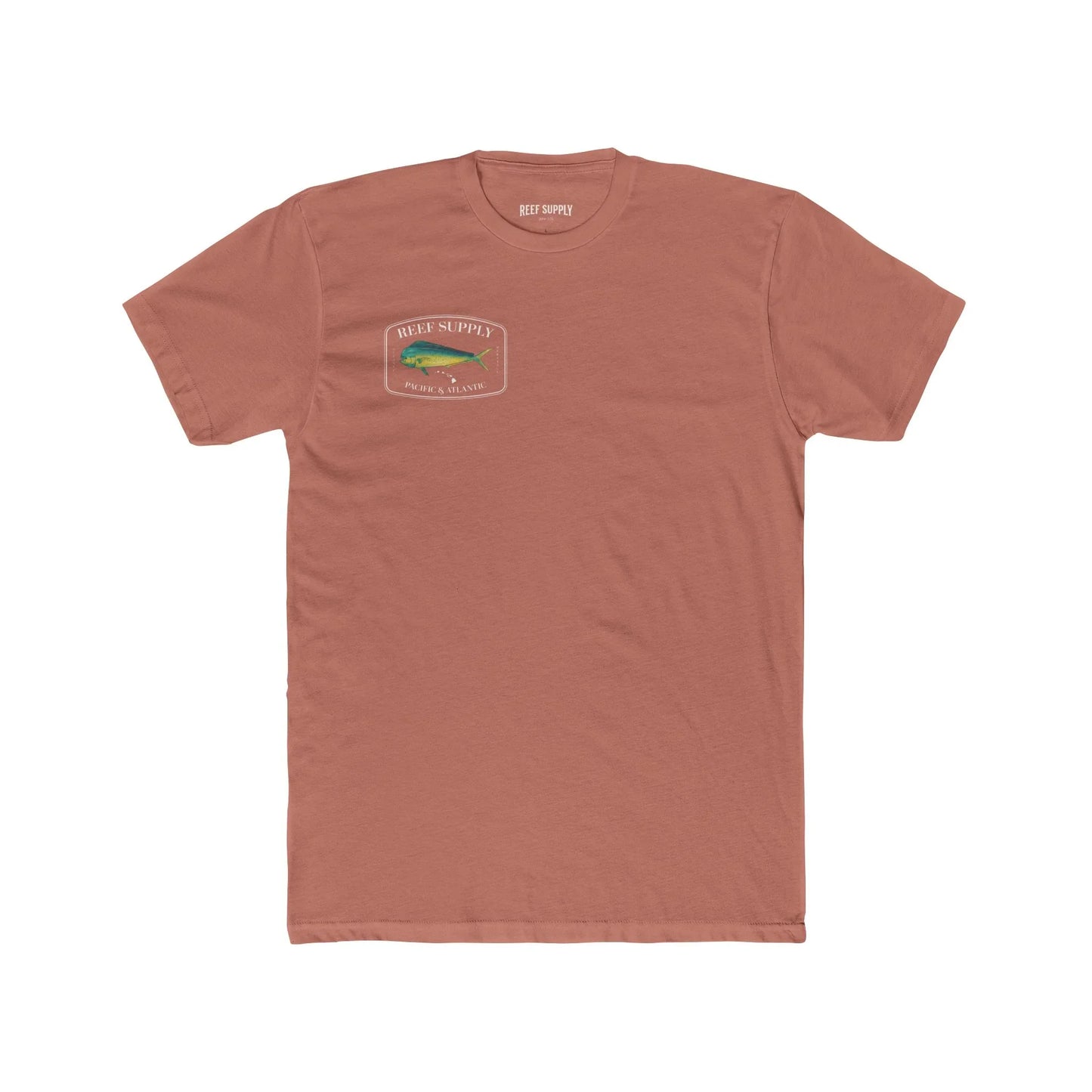 Reef Supply Co light pink front mahi mahi fishing t shirt featuring colorful dolphin fish artwork inspired by offshore saltwater fishing
