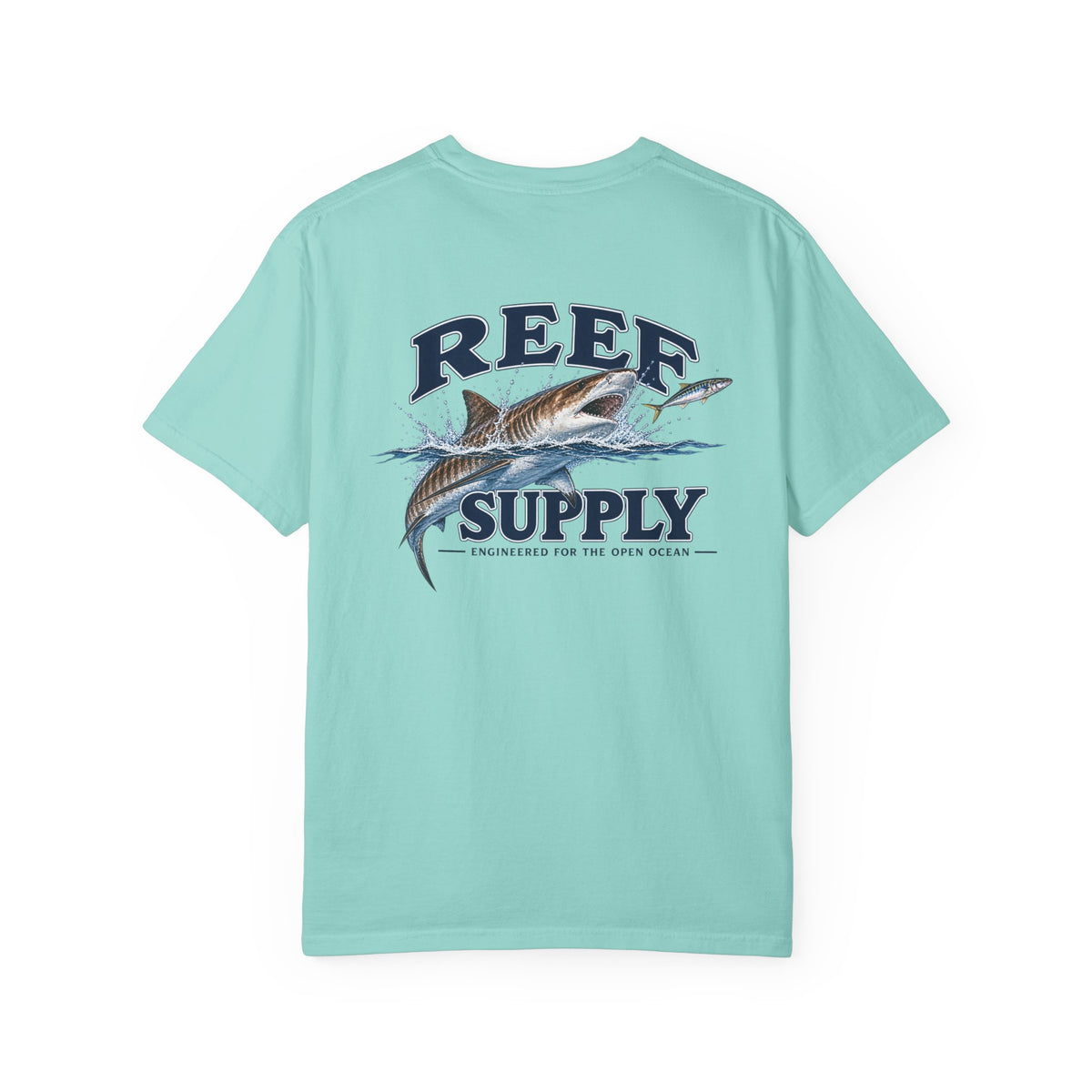 Back view of light teal Tiger Tee featuring a shark graphic and Reef Supply logo.