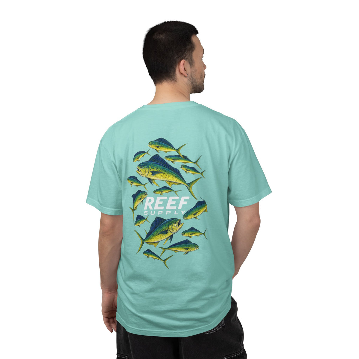 Light blue t-shirt featuring a graphic of Mahi Mahi fish and Reef Supply brand logo.