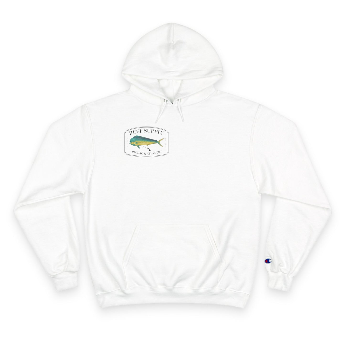 The front of a premium Champion white pullover hoodie, crafted for those who respect the sea. It features a bold, high-definition print of a vibrant Mahi Mahi—a tribute to the thrill of the offshore hunt. Paired with 'Reef Supply' coastal branding and the iconic 'Pacific & Atlantic' call-out, this Champion-quality garment delivers the durability needed for the marina and the style of a dedicated angler