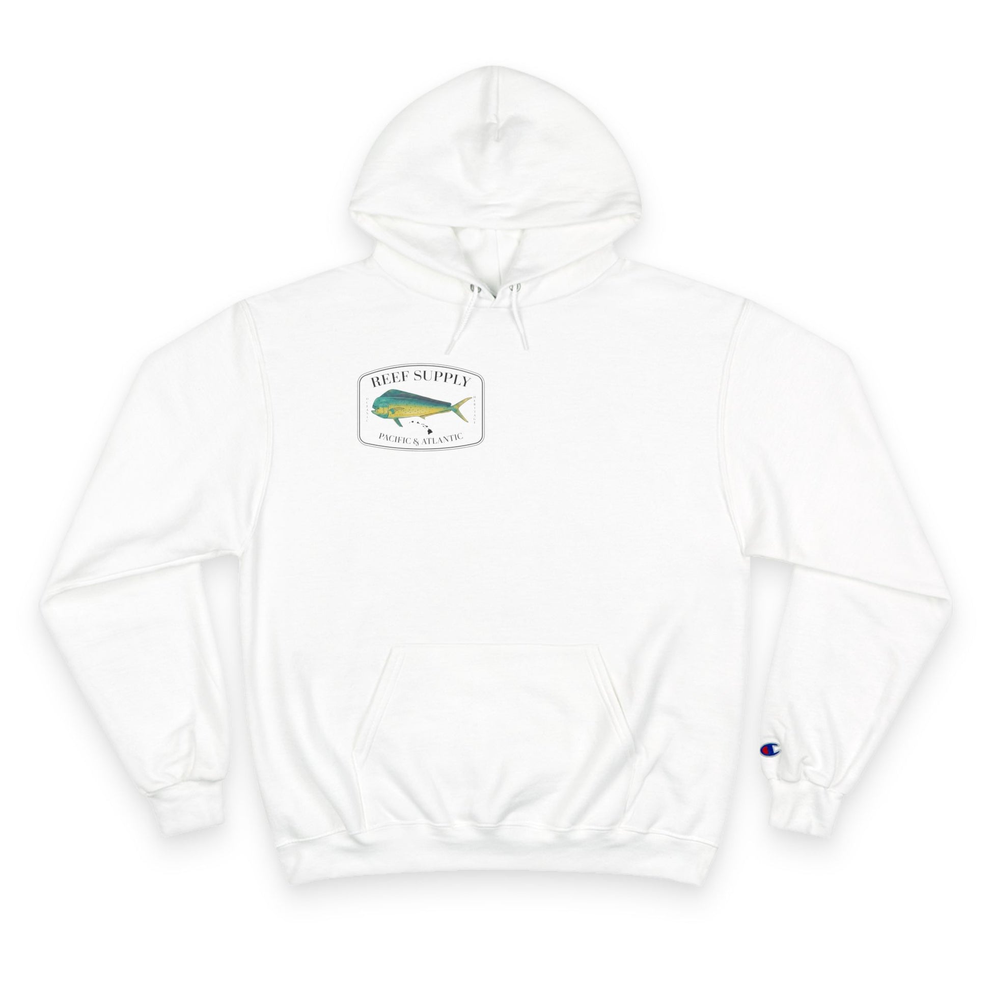 The front of a premium Champion white pullover hoodie, crafted for those who respect the sea. It features a bold, high-definition print of a vibrant Mahi Mahi—a tribute to the thrill of the offshore hunt. Paired with 'Reef Supply' coastal branding and the iconic 'Pacific & Atlantic' call-out, this Champion-quality garment delivers the durability needed for the marina and the style of a dedicated angler