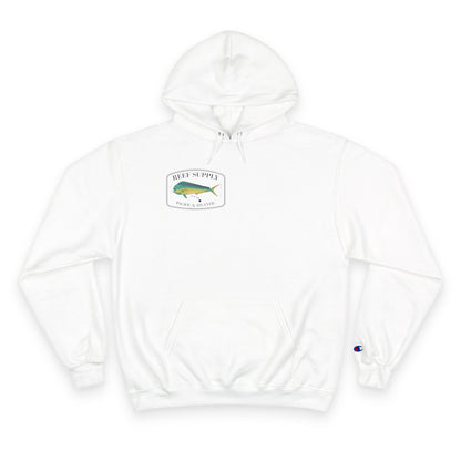 The front of a premium Champion white pullover hoodie, crafted for those who respect the sea. It features a bold, high-definition print of a vibrant Mahi Mahi—a tribute to the thrill of the offshore hunt. Paired with 'Reef Supply' coastal branding and the iconic 'Pacific & Atlantic' call-out, this Champion-quality garment delivers the durability needed for the marina and the style of a dedicated angler