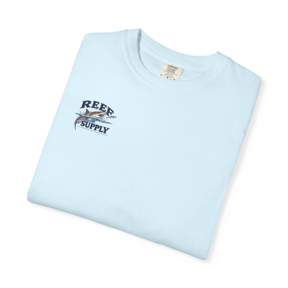 Light blue Tiger Tee t-shirt featuring a Reef Supply graphic of a leaping fish.