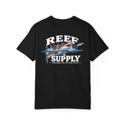 Black Reef Supply Tiger Tee featuring a graphic of a tiger shark leaping through ocean waves.