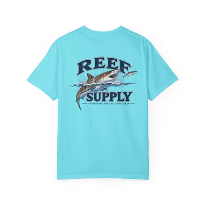Back view of light blue Tiger Tee featuring a graphic of a leaping tiger fish.