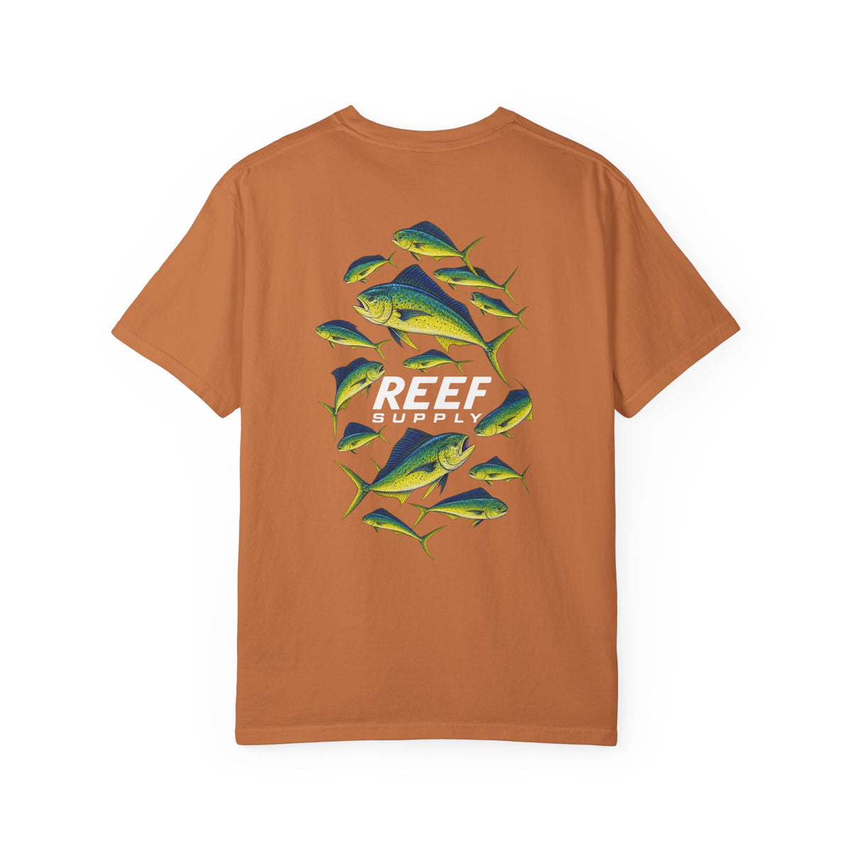 Back view of The Mahi Frenzy Tee by Reef Supply featuring a colorful mahi mahi fish graphic.