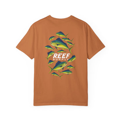 Back view of The Mahi Frenzy Tee by Reef Supply featuring a colorful mahi mahi fish graphic.