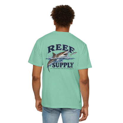 Back view of a mint green Reef Supply Tiger Tee featuring a shark graphic and Reef Supply text.