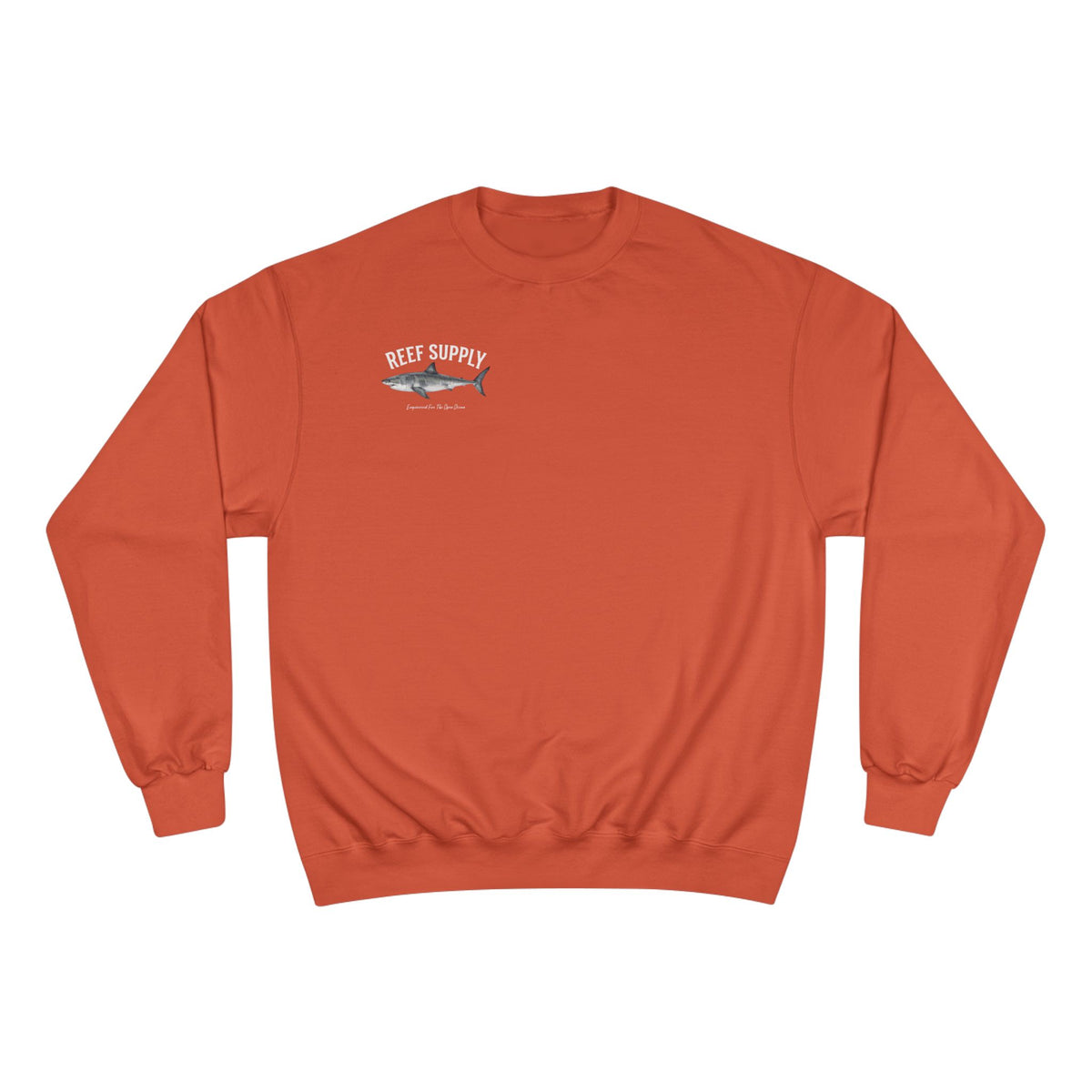 Rust orange Reef Supply crewneck sweatshirt featuring a Great White shark illustration.