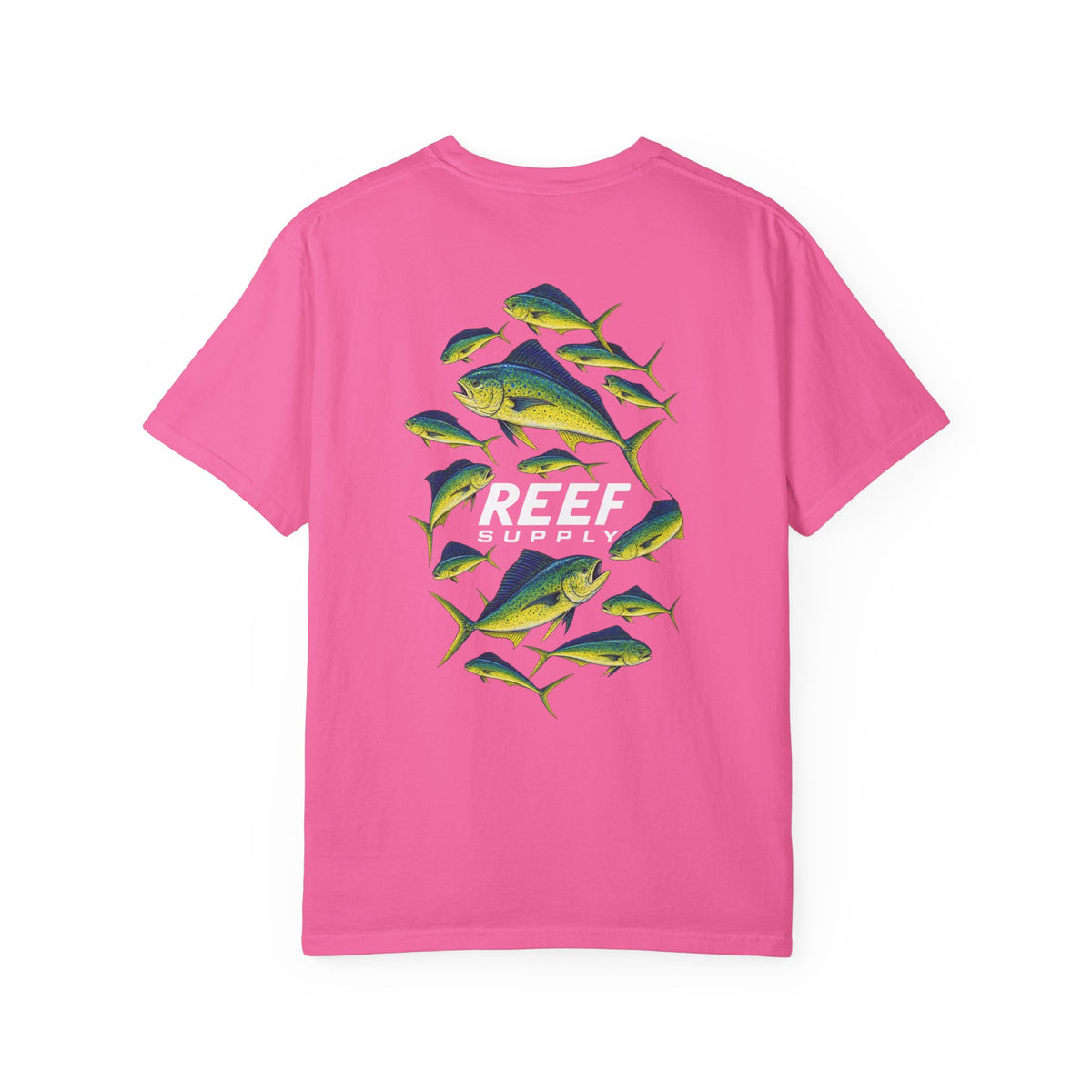 Pink Mahi Frenzy Tee by Reef Supply featuring a colorful mahi-mahi fish graphic.