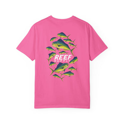 Pink Mahi Frenzy Tee by Reef Supply featuring a colorful mahi-mahi fish graphic.