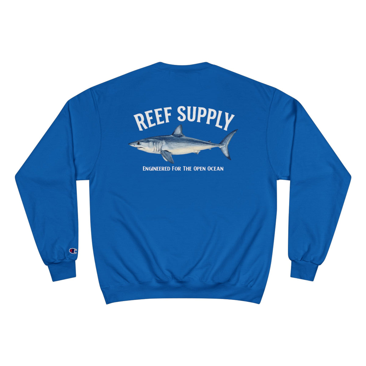 Back view of blue Champion Mako Crewneck sweatshirt featuring a mako shark graphic.