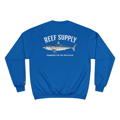 Back view of blue Champion Mako Crewneck sweatshirt featuring a mako shark graphic.
